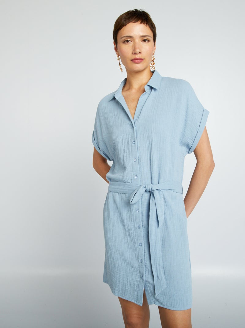 Vestido-camisa curto em dupla gaze de algodão AZUL - Kiabi