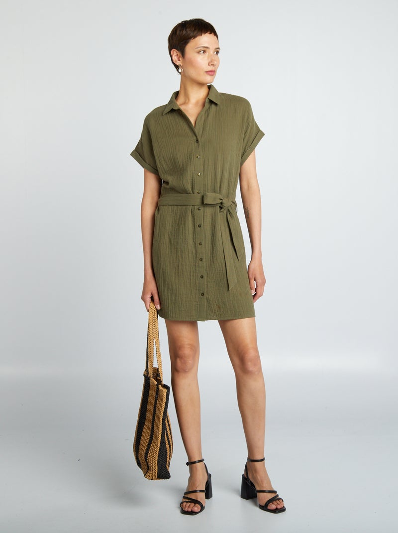 Vestido-camisa curto em dupla gaze de algodão CAQUI - Kiabi