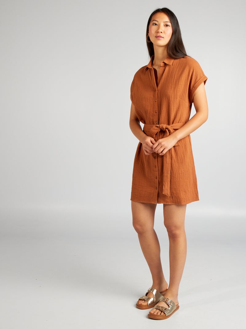 Vestido-camisa curto em dupla gaze de algodão CASTANHO - Kiabi