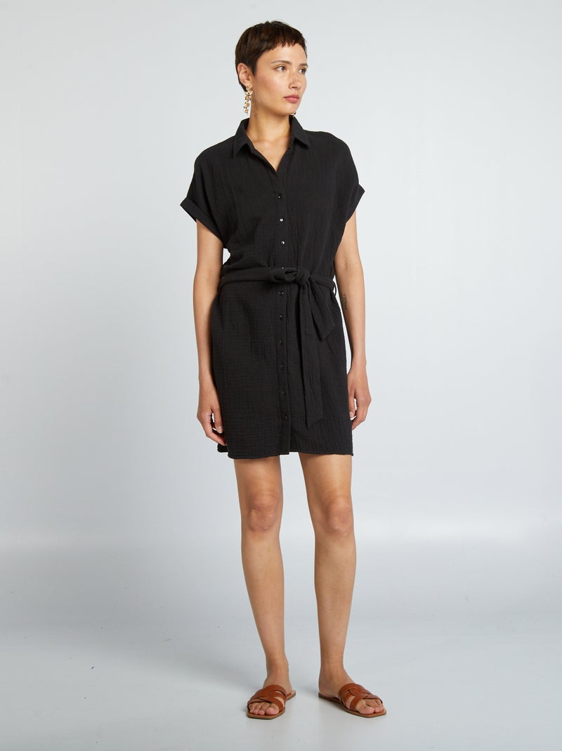 Vestido-camisa curto em dupla gaze de algodão Preto - Kiabi
