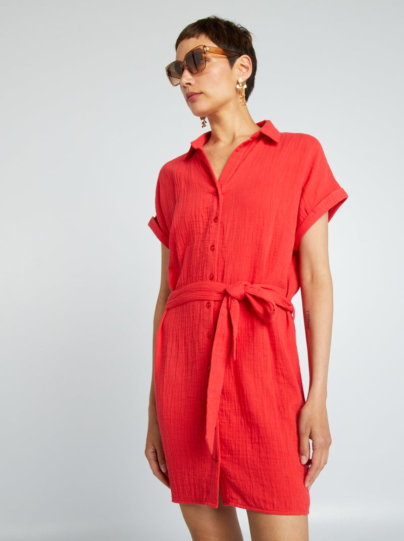 Vestido-camisa curto em dupla gaze de algodão Vermelho - Kiabi