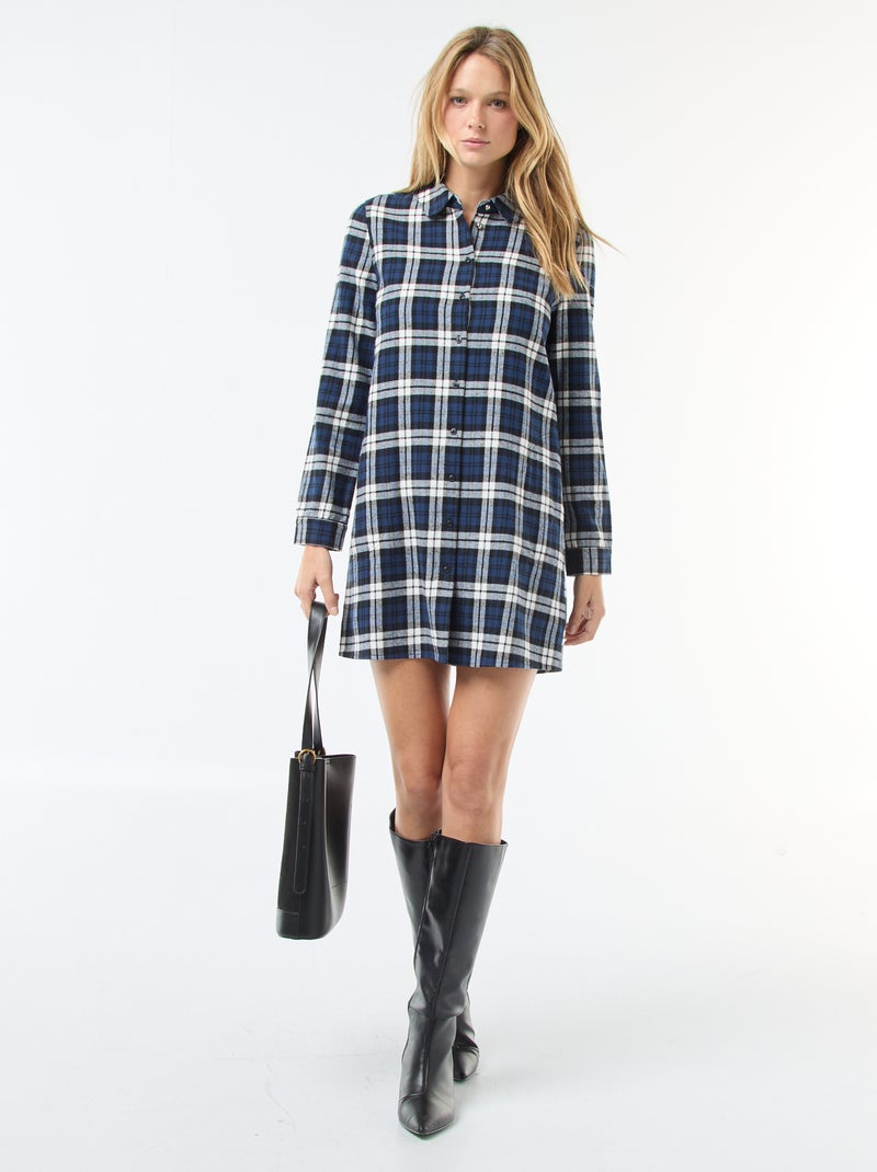 Vestido camisa curto em flanela Azul - Kiabi