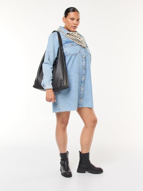 Vestido camisa curto em ganga com acabamento inacabado - Kiabi