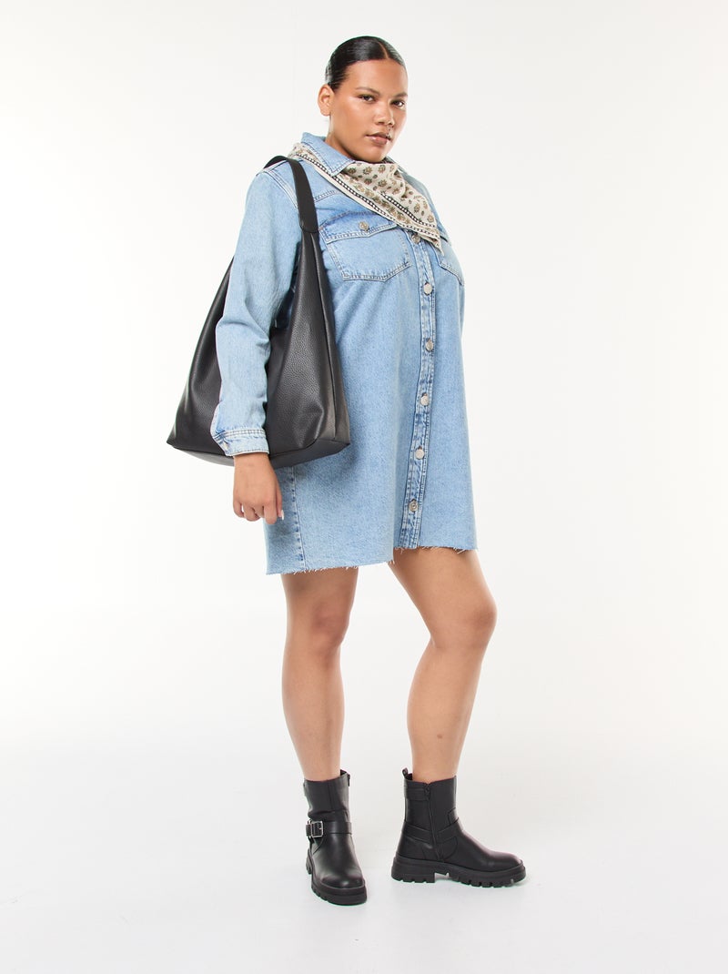 Vestido camisa curto em ganga com acabamento inacabado Azul - Kiabi