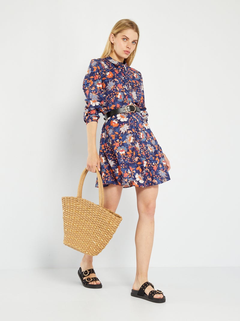 Vestido-camisa curto estampado AZUL - Kiabi