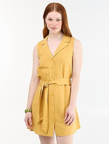 Vestido-camisa curto sem mangas em linho misto