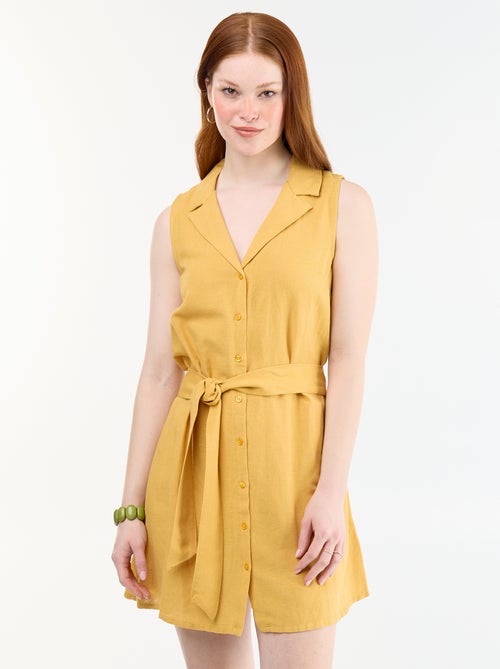 Vestido-camisa curto sem mangas em linho misto - Kiabi