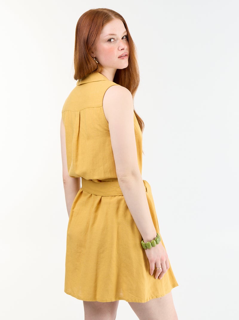 Vestido-camisa curto sem mangas em linho misto Amarelo - Kiabi