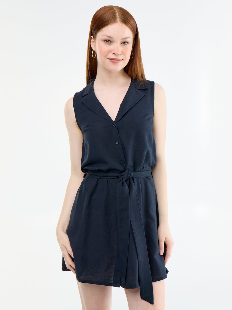 Vestido-camisa curto sem mangas em linho misto Azul - Kiabi