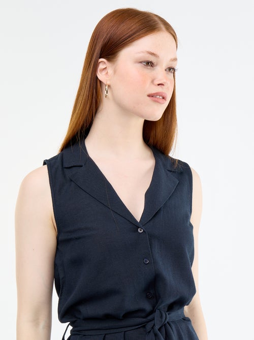 Vestido-camisa curto sem mangas em linho misto - Kiabi