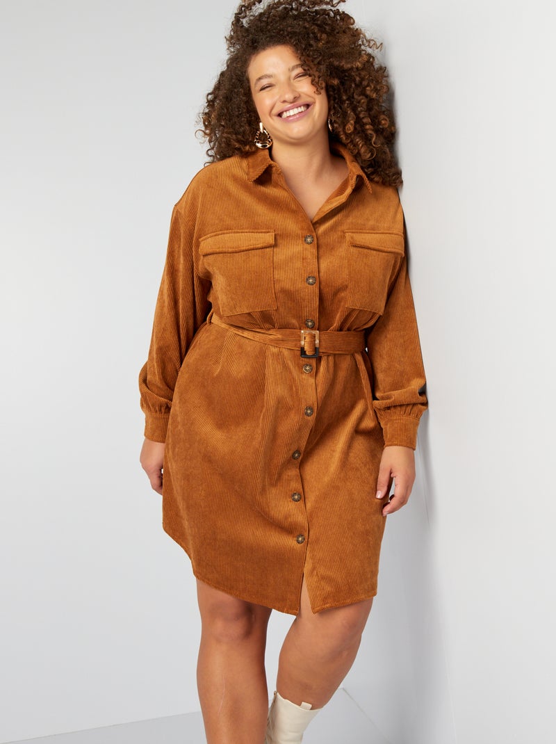 Vestido-camisa de bombazina CASTANHO - Kiabi