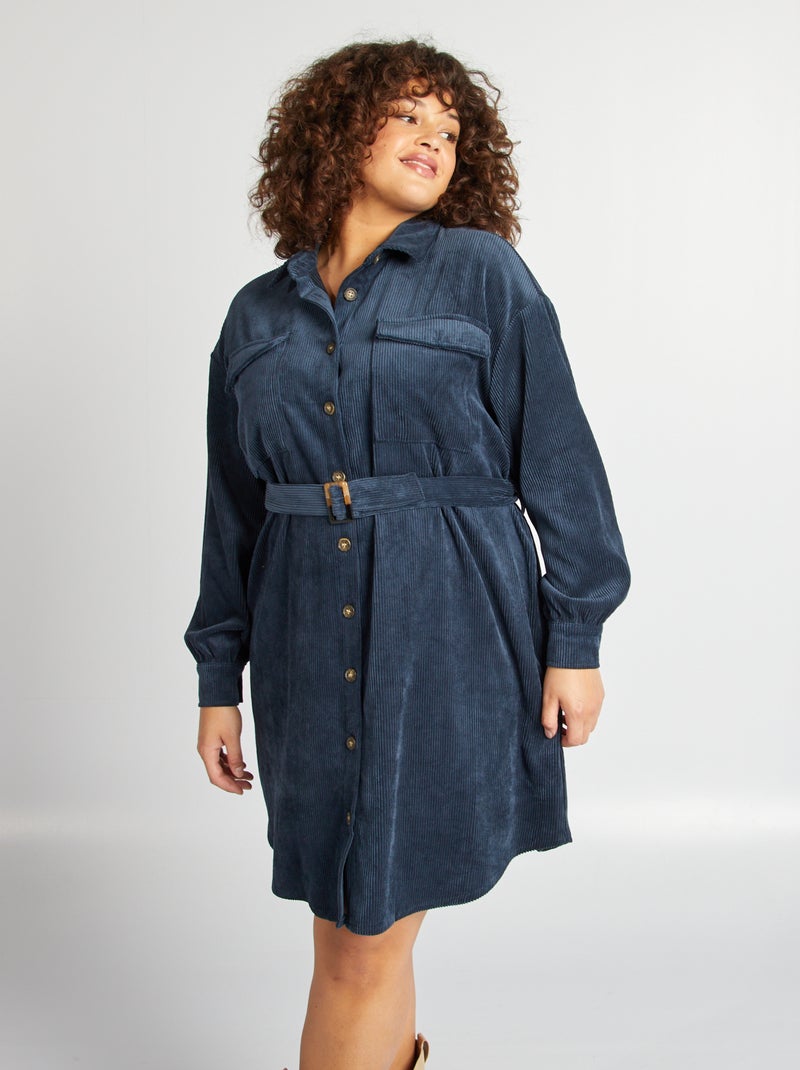 Vestido-camisa de bombazina com cinto AZUL - Kiabi