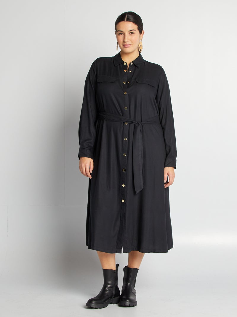 Vestido-camisa de efeito acetinado com cinto Preto - Kiabi