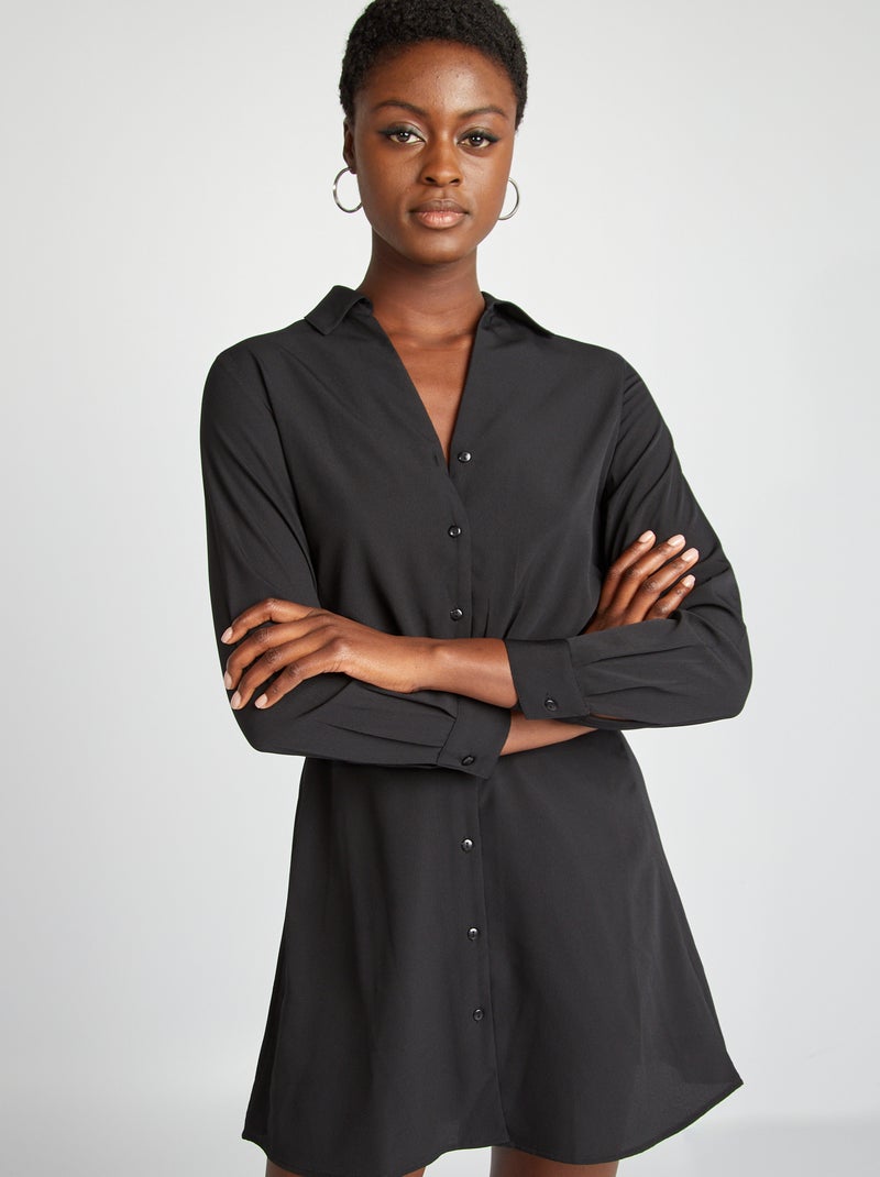 Vestido-camisa de efeito acetinado Preto - Kiabi