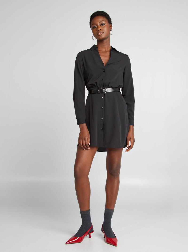 Vestido-camisa de efeito acetinado Preto - Kiabi
