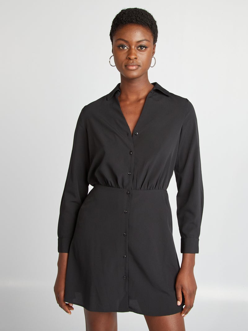 Vestido-camisa de efeito acetinado Preto - Kiabi