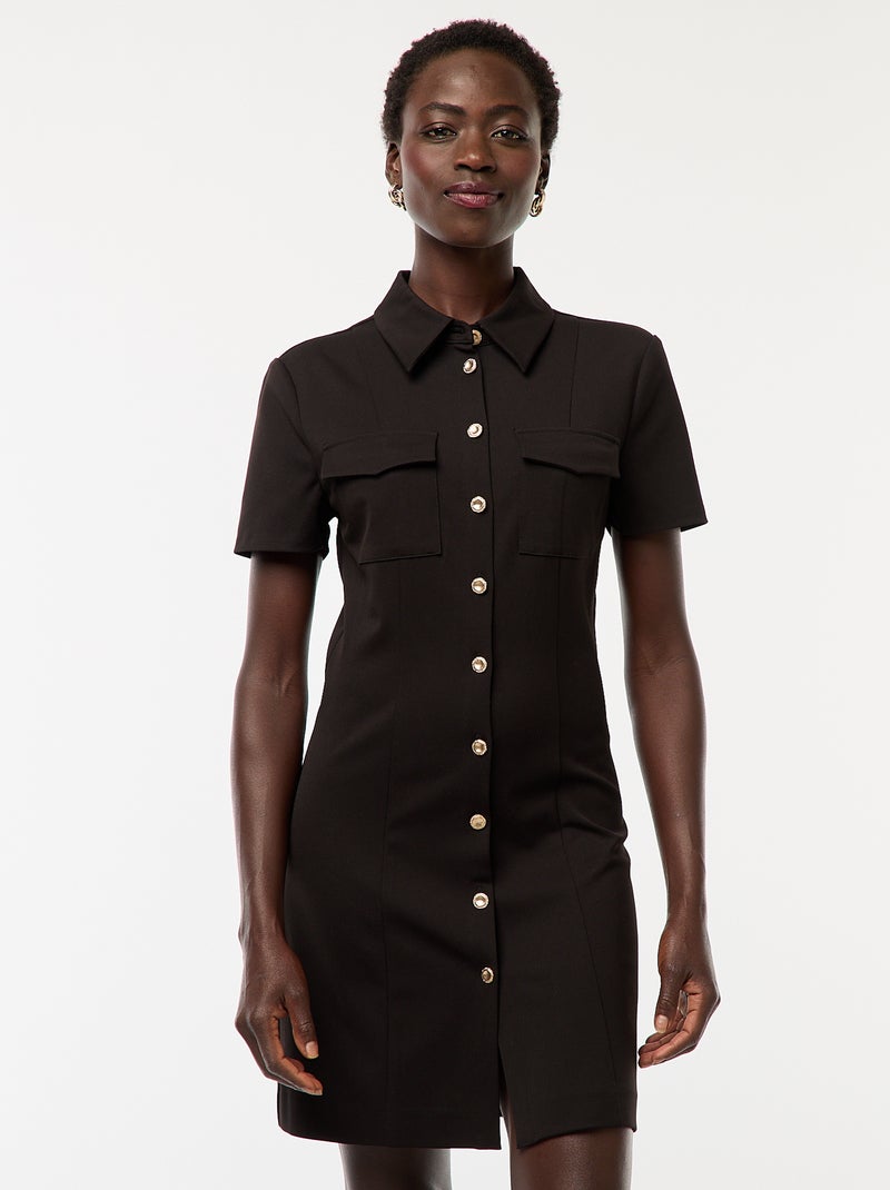 Vestido camisa de manga curta com abertura e botões dourados Preto - Kiabi