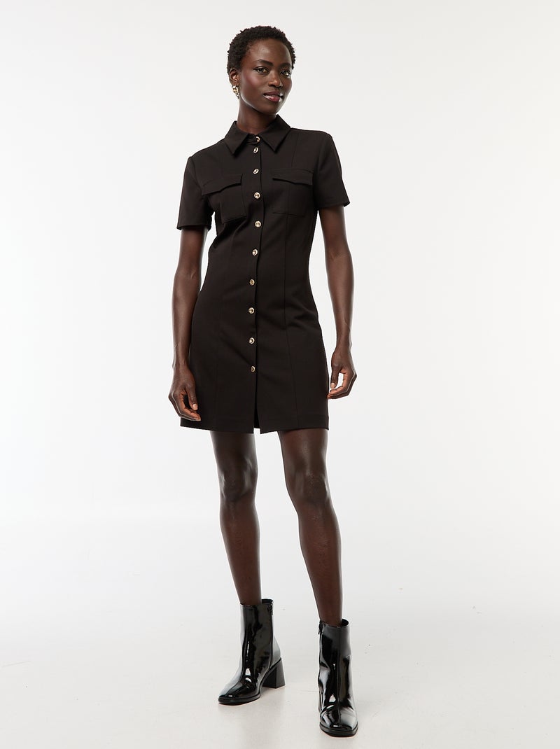 Vestido camisa de manga curta com abertura e botões dourados Preto - Kiabi