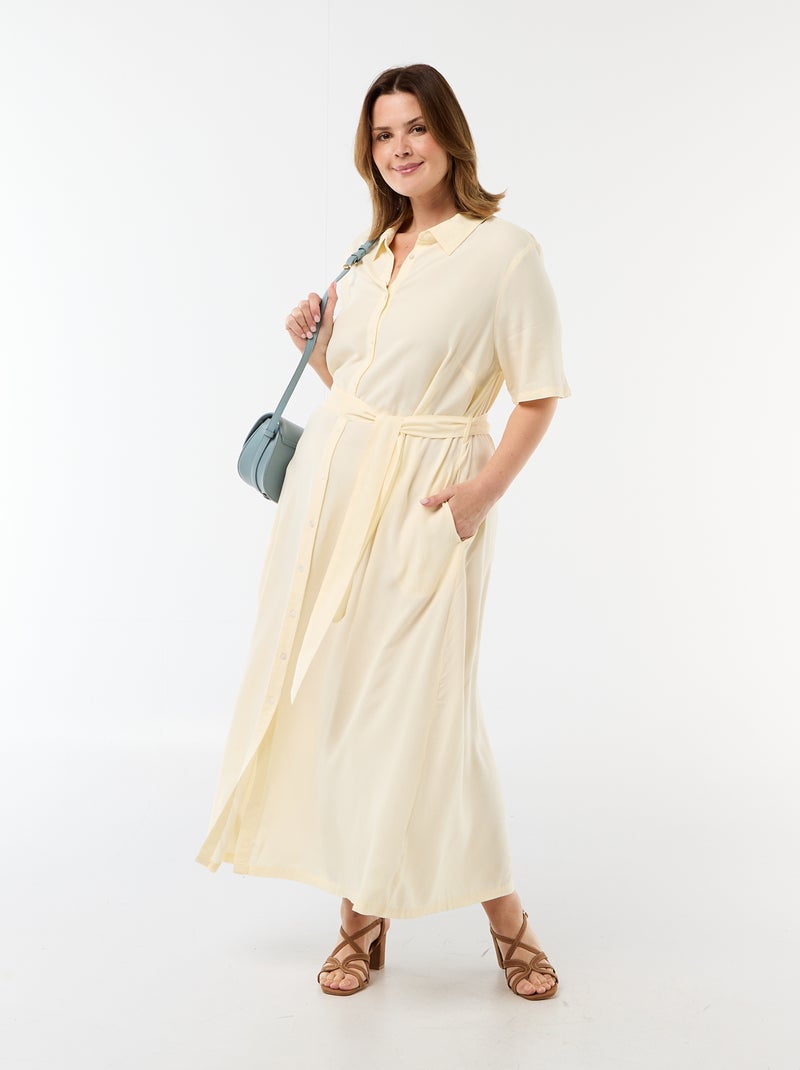 Vestido camisa de manga curta com cinto na cintura Amarelo - Kiabi