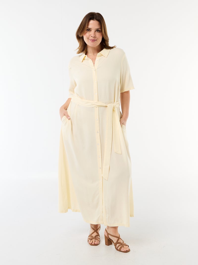 Vestido camisa de manga curta com cinto na cintura Amarelo - Kiabi