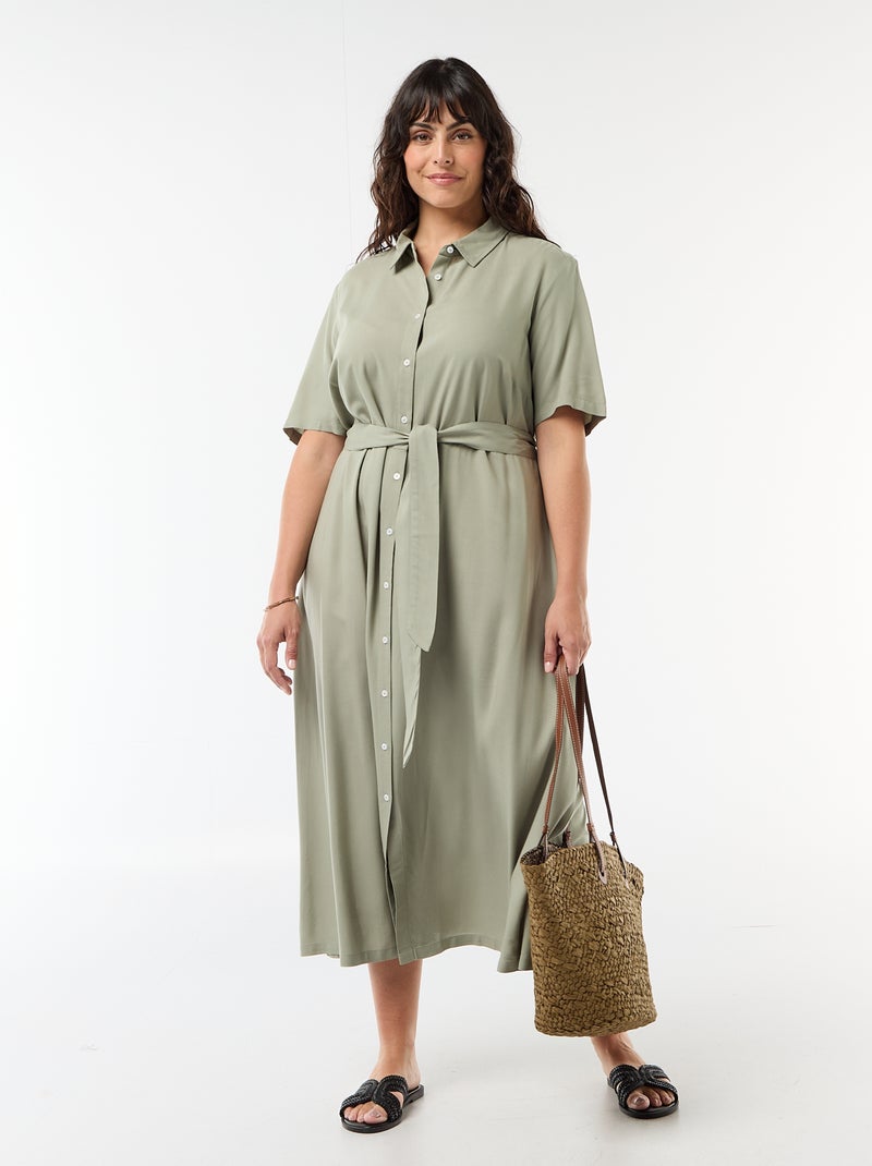 Vestido camisa de manga curta com cinto na cintura Verde - Kiabi