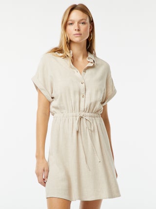 Vestido-camisa de manga curta de linho misturado