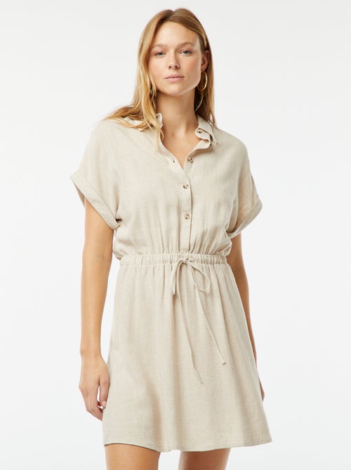 Vestido-camisa de manga curta de linho misturado - Kiabi