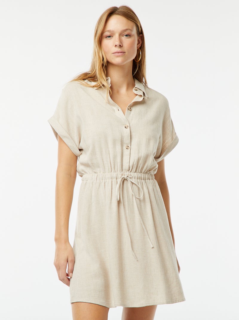 Vestido-camisa de manga curta de linho misturado Branco - Kiabi