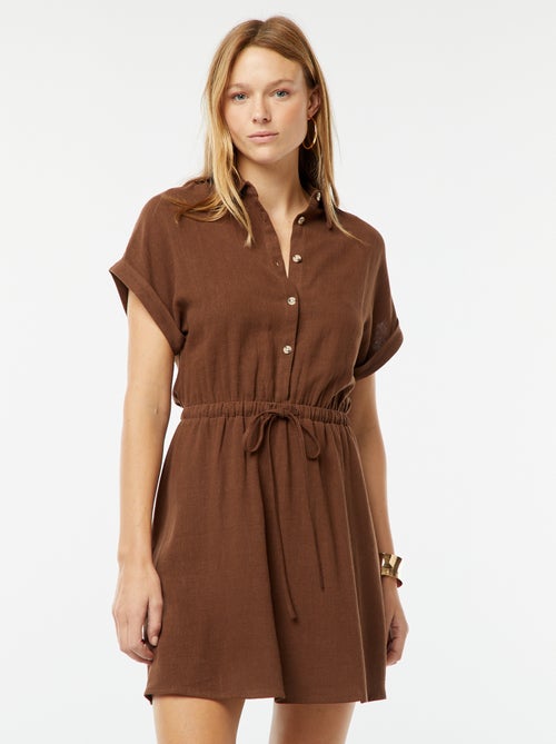Vestido-camisa de manga curta de linho misturado - Kiabi