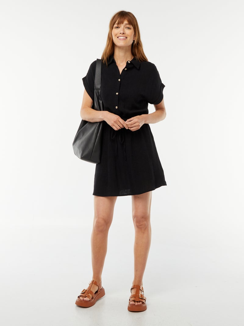 Vestido-camisa de manga curta de linho misturado Preto - Kiabi