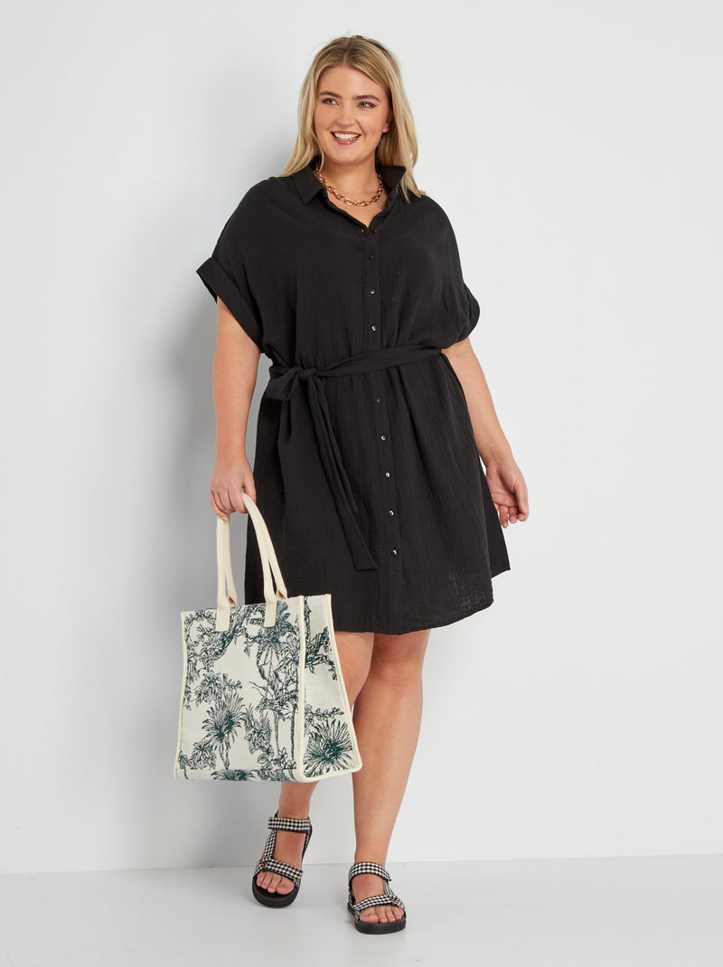 Vestido-camisa em gaze de algodão Preto - Kiabi