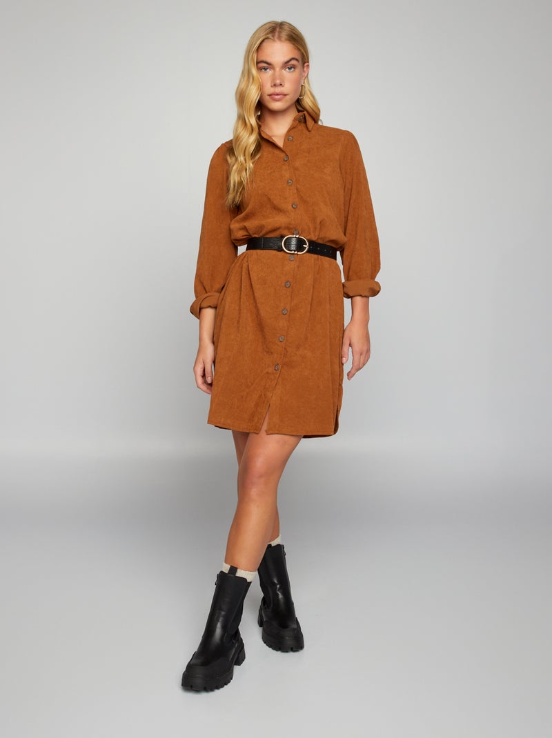 Vestido-camisa em veludo Marrom - Kiabi
