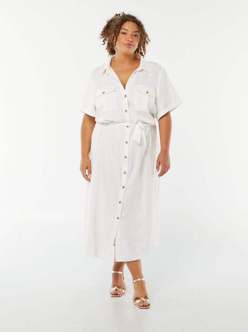 Vestido-camisa midi de manga curta com cinto Branco - Kiabi