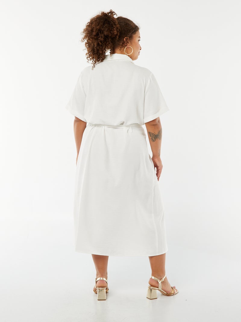Vestido-camisa midi de manga curta com cinto Branco - Kiabi