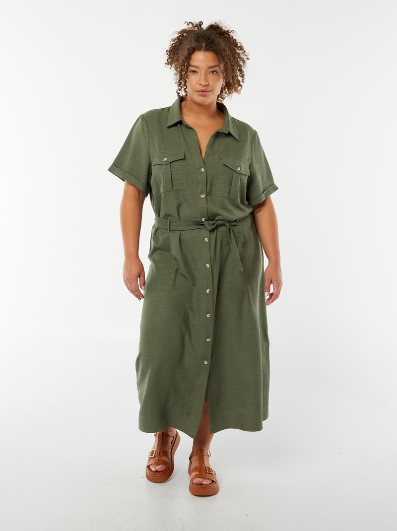 Vestido-camisa midi de manga curta com cinto Caqui - Kiabi