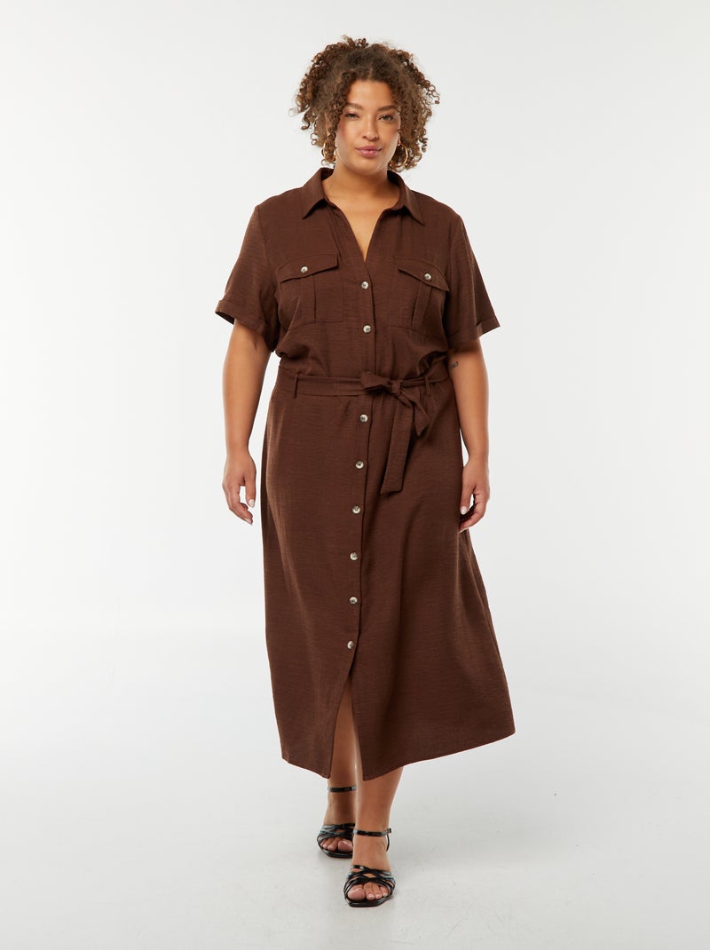 Vestido-camisa midi de manga curta com cinto Castanho - Kiabi
