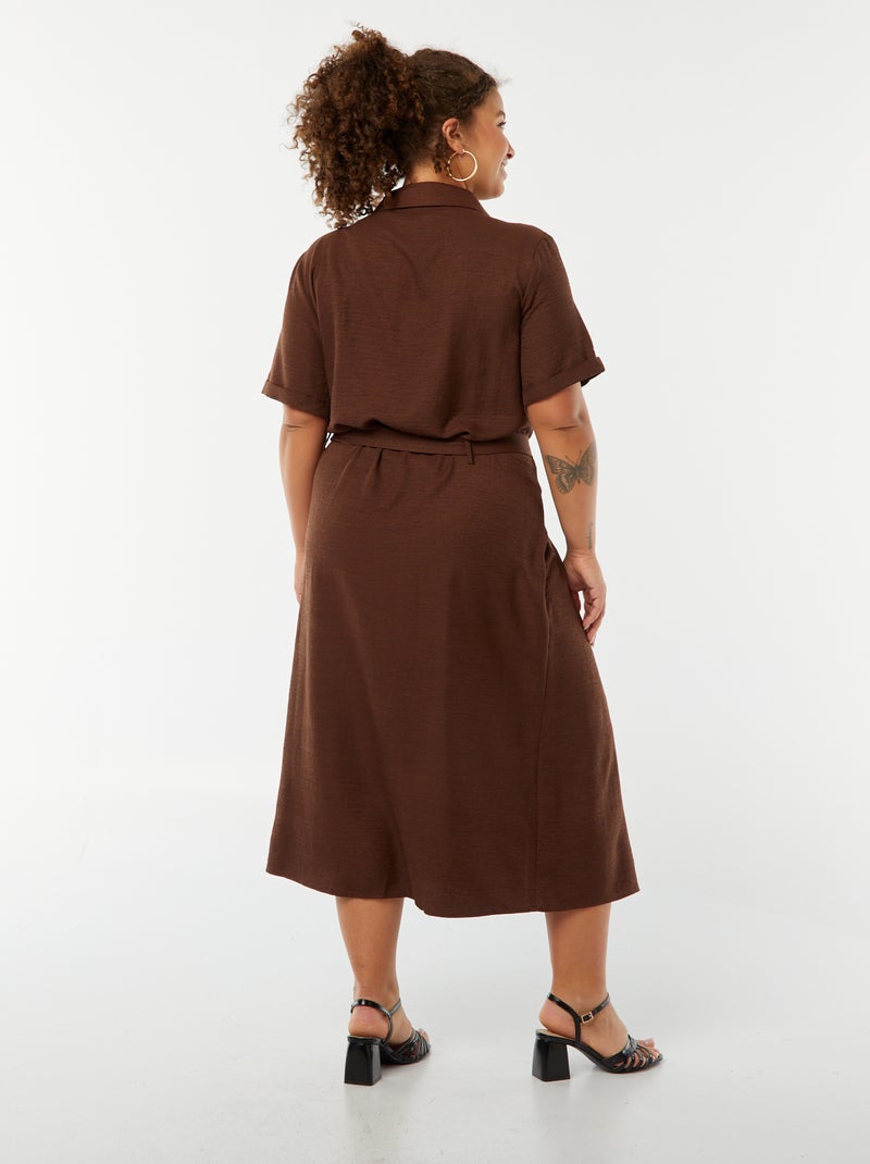 Vestido-camisa midi de manga curta com cinto Castanho - Kiabi