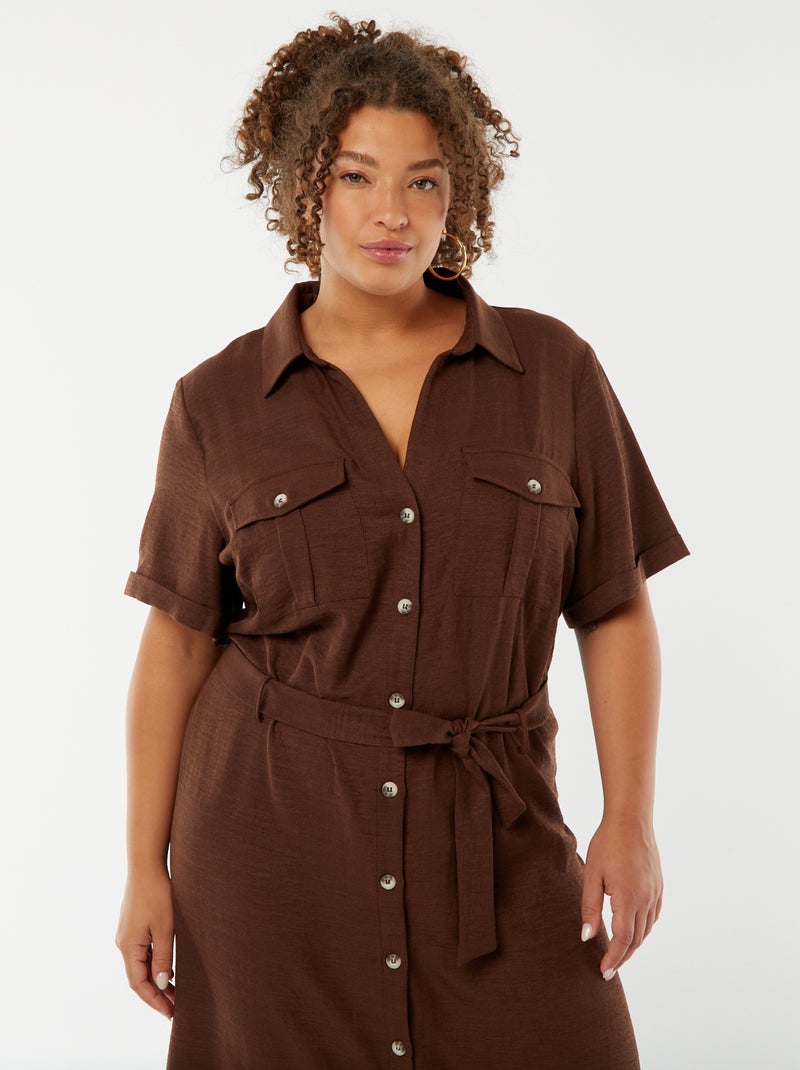 Vestido-camisa midi de manga curta com cinto Castanho - Kiabi