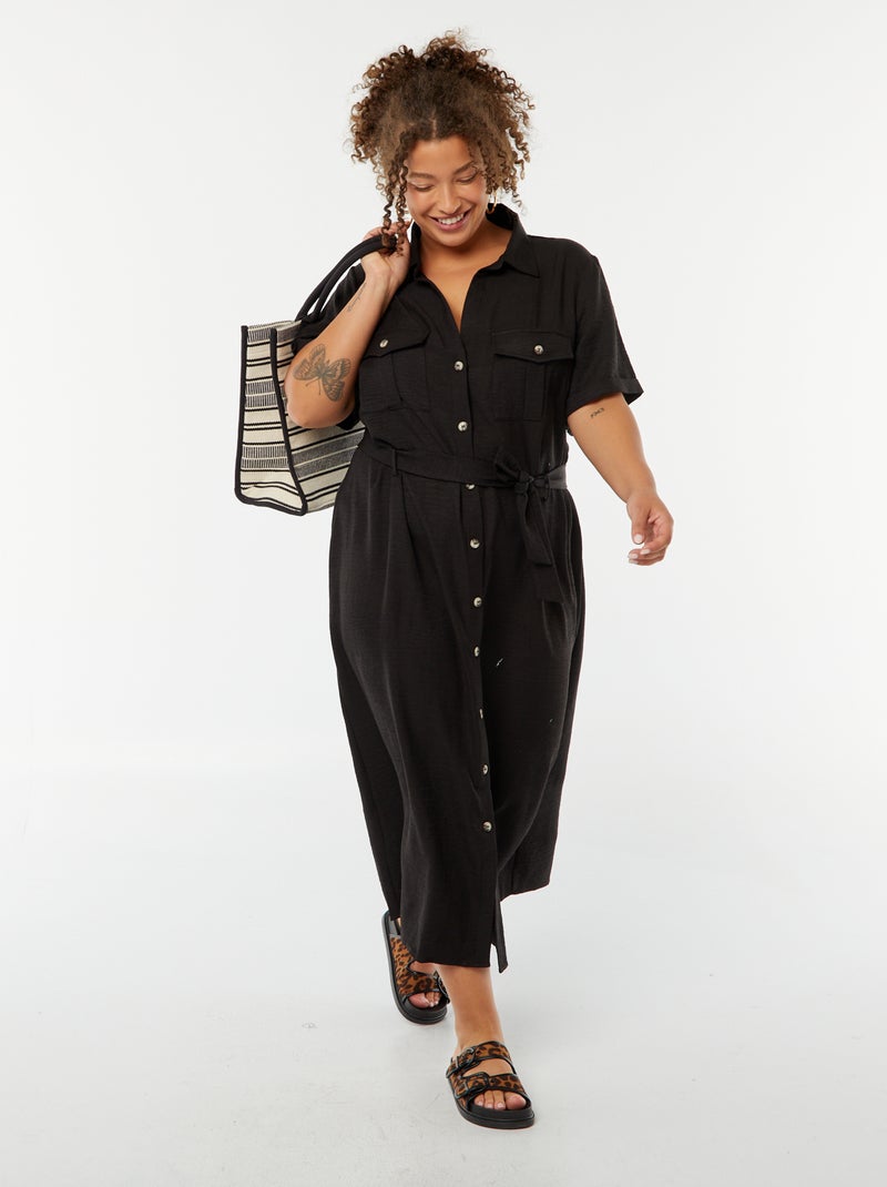 Vestido-camisa midi de manga curta com cinto Preto - Kiabi