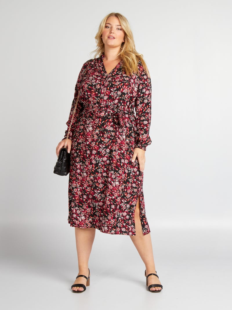 Vestido-camisa pelo joelho estampado all over PRETO - Kiabi