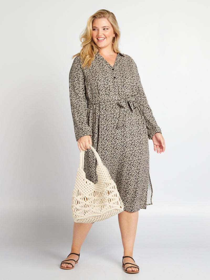 Vestido-camisa pelo joelho estampado all over PRETO - Kiabi