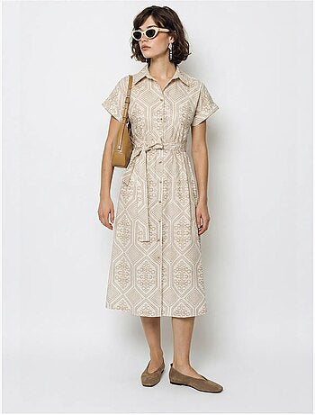 Vestido camisaria midi de algodão geométrico com cinto lucci