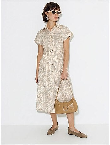 Vestido camisaria midi de algodão geométrico com cinto lucci