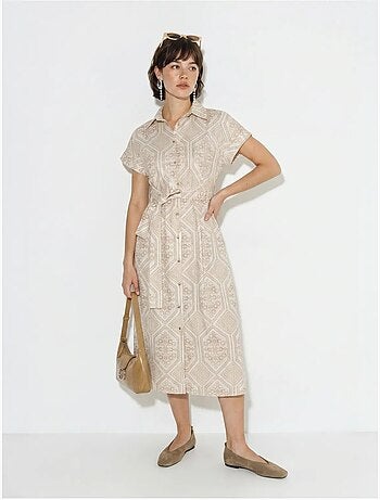 Vestido camisaria midi de algodão geométrico com cinto lucci