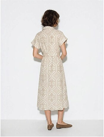 Vestido camisaria midi de algodão geométrico com cinto lucci