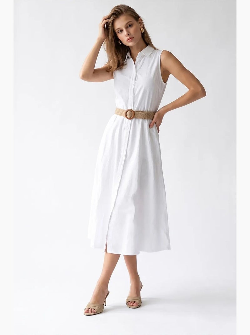 Vestido camisaria midi de popelina de algodão com cinto mixray Branco - Kiabi