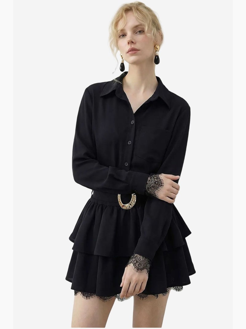 Vestido camiseiro com acabamento em renda lucci Preto - Kiabi