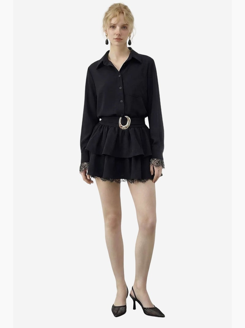 Vestido camiseiro com acabamento em renda lucci Preto - Kiabi
