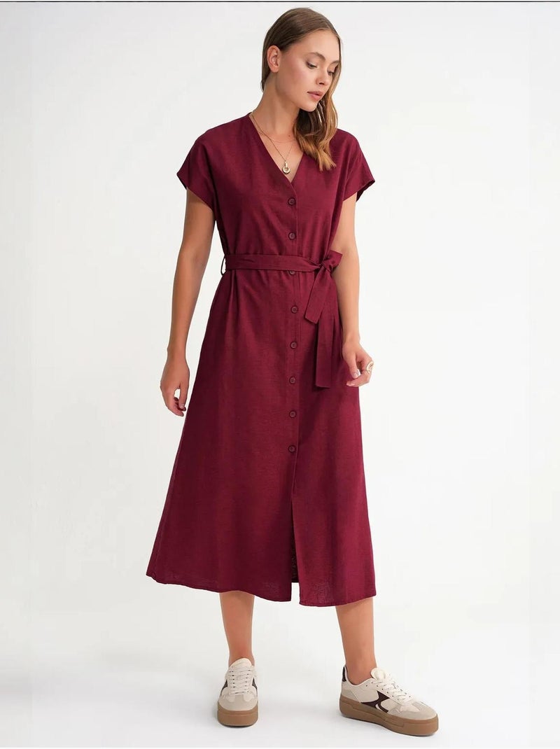 Vestido camiseiro com cinto mixray Vermelho bordô - Kiabi