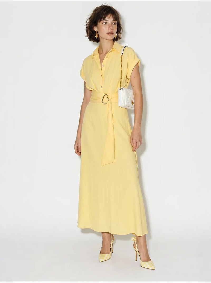 Vestido camiseiro de popelina com cinto lucci Amarelo-limão - Kiabi
